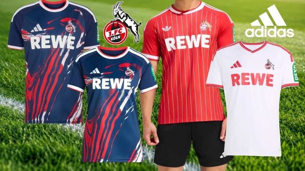 Collage der drei neuen adidas-Trikots des 1. FC Köln 2026/27 auf einem Rasenhintergrund: ein dunkelblaues Ausweichtrikot mit rot-weißem Pinselstrich-Muster, ein rotes Auswärtstrikot mit weißen Nadelstreifen und ein weißes Heimtrikot mit roten Akzenten, dazu das Vereinswappen des 1. FC Köln und das adidas-Logo.
