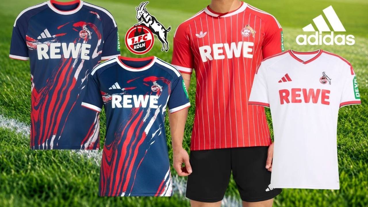 Collage der drei neuen adidas-Trikots des 1. FC Köln 2026/27 auf einem Rasenhintergrund: ein dunkelblaues Ausweichtrikot mit rot-weißem Pinselstrich-Muster, ein rotes Auswärtstrikot mit weißen Nadelstreifen und ein weißes Heimtrikot mit roten Akzenten, dazu das Vereinswappen des 1. FC Köln und das adidas-Logo.