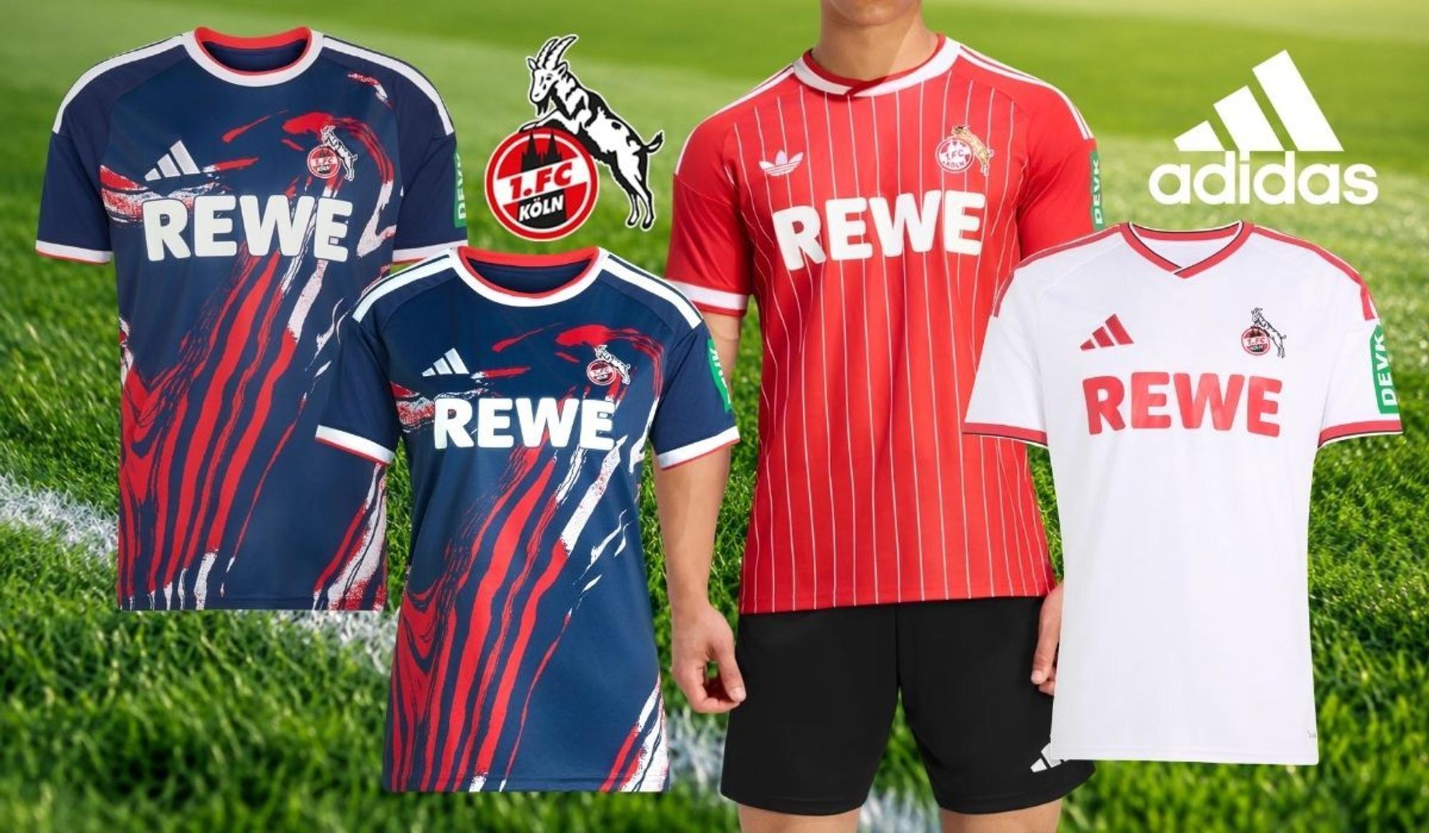 Collage der drei neuen adidas-Trikots des 1. FC Köln 2026/27 auf einem Rasenhintergrund: ein dunkelblaues Ausweichtrikot mit rot-weißem Pinselstrich-Muster, ein rotes Auswärtstrikot mit weißen Nadelstreifen und ein weißes Heimtrikot mit roten Akzenten, dazu das Vereinswappen des 1. FC Köln und das adidas-Logo.