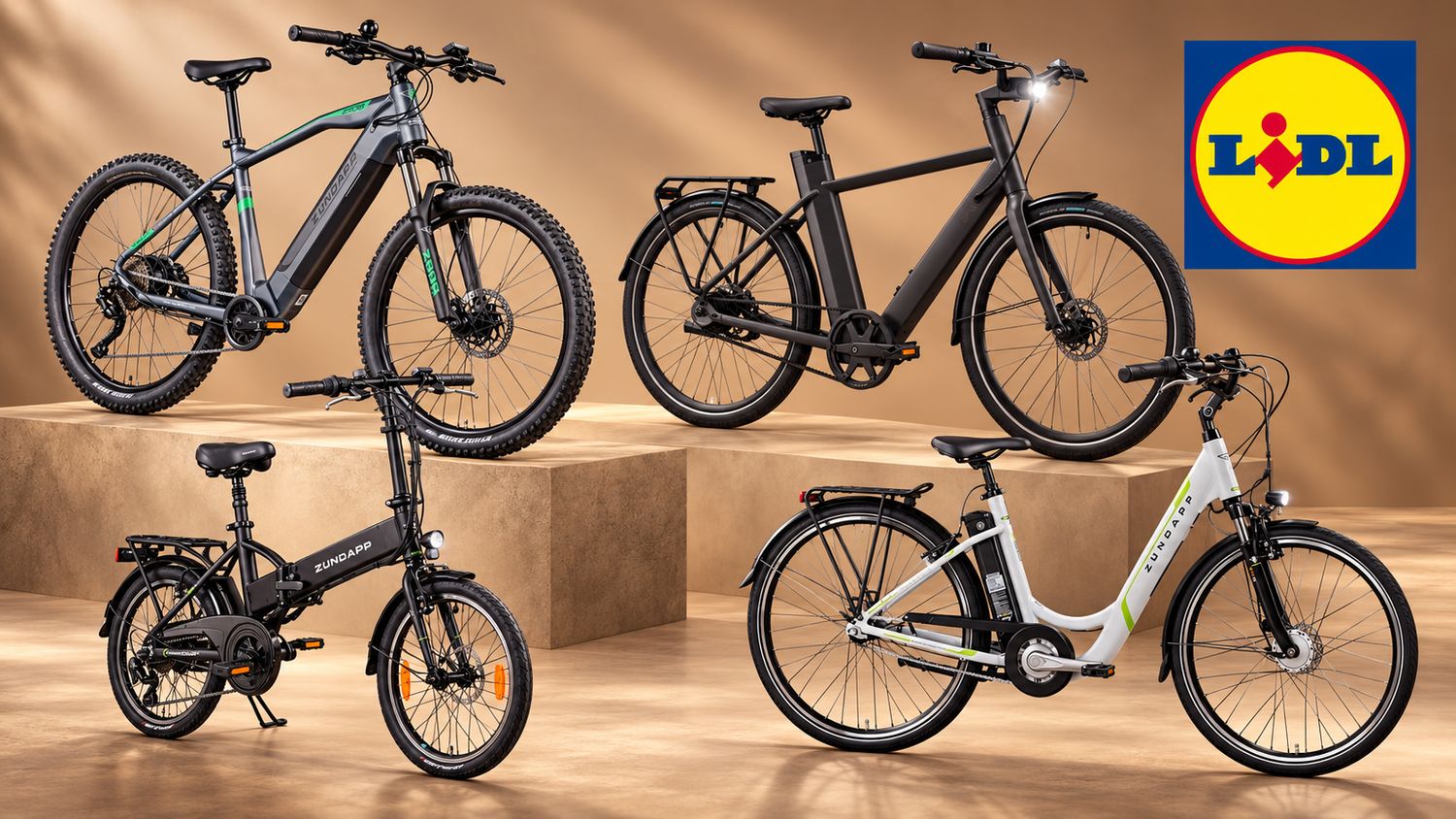 Vier E-Bikes, Modelle für Stadt, Pendelstrecke, Tour und Gelände.