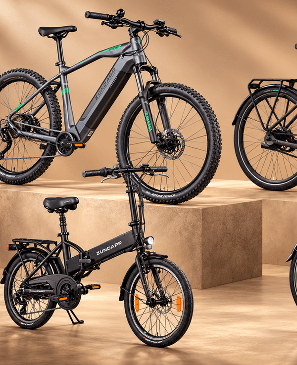 Vier E-Bikes, Modelle für Stadt, Pendelstrecke, Tour und Gelände.