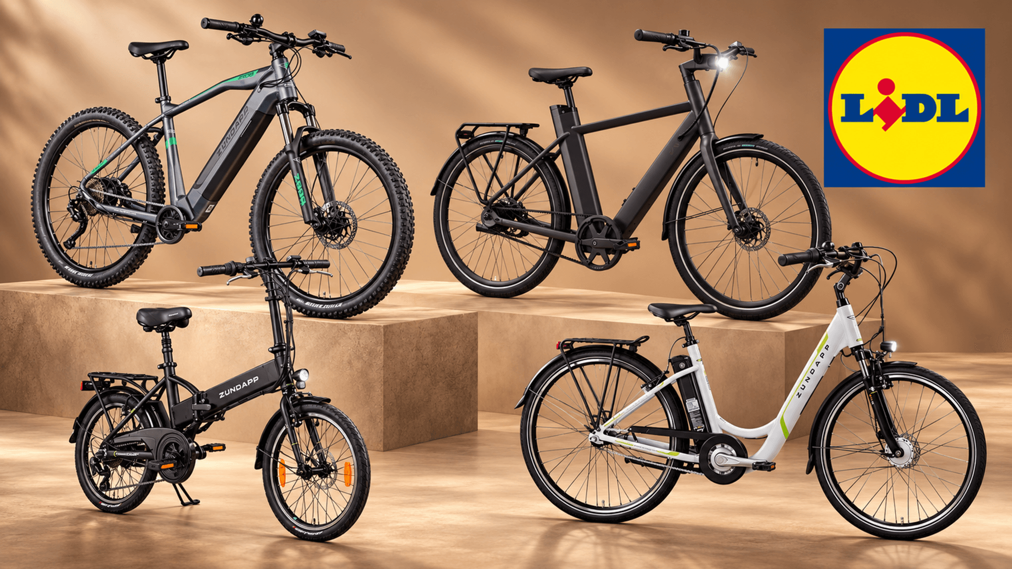 Vier E-Bikes, Modelle für Stadt, Pendelstrecke, Tour und Gelände.