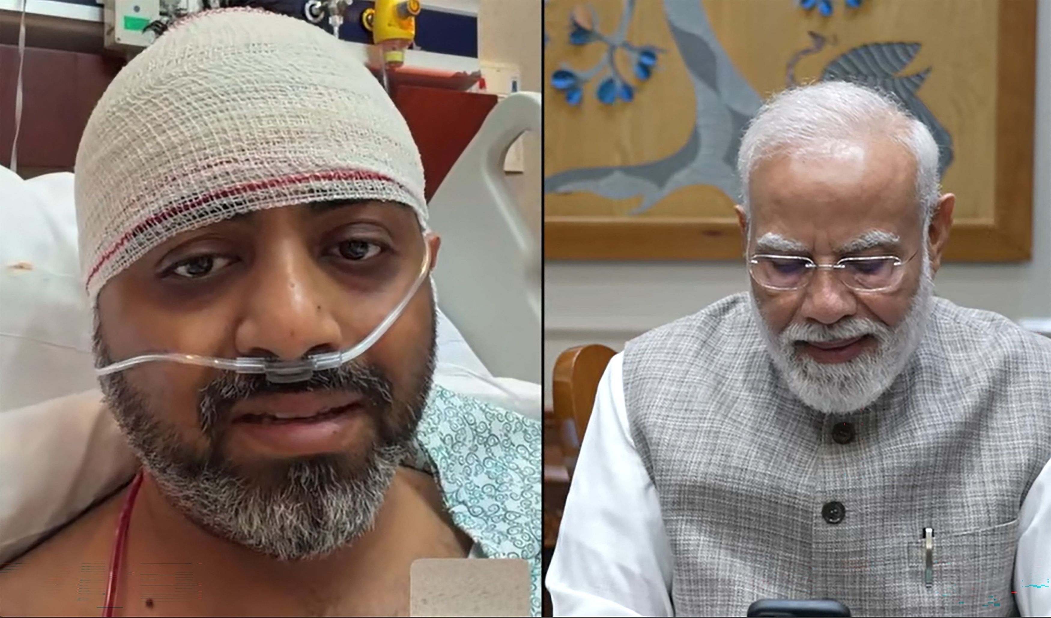Dieser Screenshot aus einem Video, das am 2. Oktober 2026 auf dem YouTube-Kanal von Narendra Modi veröffentlicht wurde, zeigt den indischen Premierminister Narendra Modi (rechts) bei einem Videoanruf mit dem flydubai-Piloten Smit Machchhar, der sich derzeit in einem Krankenhaus in den Vereinigten Arabischen Emiraten erholt.