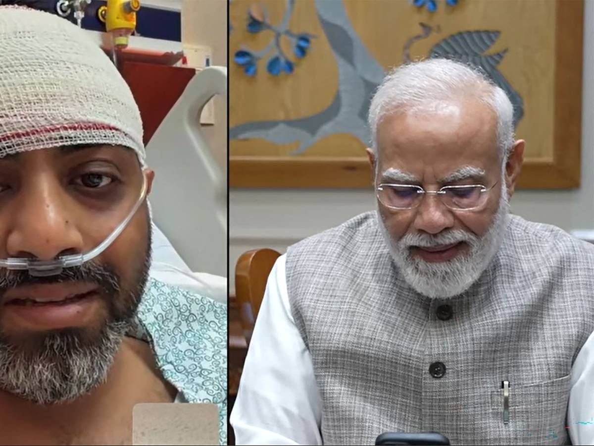 Dieser Screenshot aus einem Video, das am 2. Oktober 2026 auf dem YouTube-Kanal von Narendra Modi veröffentlicht wurde, zeigt den indischen Premierminister Narendra Modi (rechts) bei einem Videoanruf mit dem flydubai-Piloten Smit Machchhar, der sich derzeit in einem Krankenhaus in den Vereinigten Arabischen Emiraten erholt.