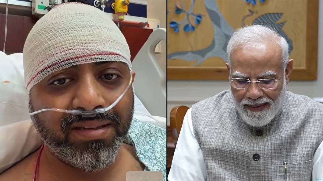 Dieser Screenshot aus einem Video, das am 2. Oktober 2026 auf dem YouTube-Kanal von Narendra Modi veröffentlicht wurde, zeigt den indischen Premierminister Narendra Modi (rechts) bei einem Videoanruf mit dem flydubai-Piloten Smit Machchhar, der sich derzeit in einem Krankenhaus in den Vereinigten Arabischen Emiraten erholt.