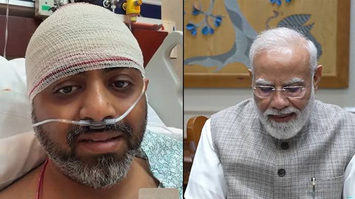 Dieser Screenshot aus einem Video, das am 2. Oktober 2026 auf dem YouTube-Kanal von Narendra Modi veröffentlicht wurde, zeigt den indischen Premierminister Narendra Modi (rechts) bei einem Videoanruf mit dem flydubai-Piloten Smit Machchhar, der sich derzeit in einem Krankenhaus in den Vereinigten Arabischen Emiraten erholt.