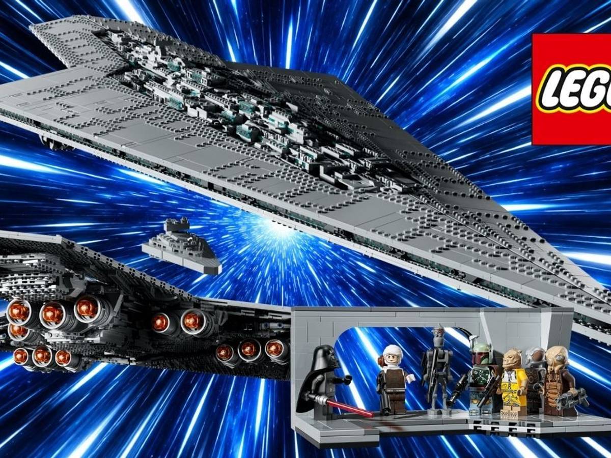 Lego Star Wars Supersternzerstörer Executor (75457) vor blauem Hyperraum-Hintergrund, daneben ein kleiner Sternzerstörer und eine Brückenszene mit Darth Vader und Kopfgeldjägern als Minifiguren.