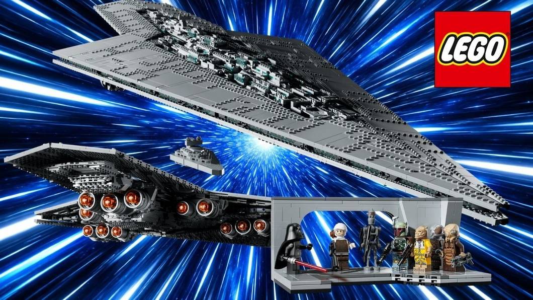 Lego Star Wars Supersternzerstörer Executor (75457) vor blauem Hyperraum-Hintergrund, daneben ein kleiner Sternzerstörer und eine Brückenszene mit Darth Vader und Kopfgeldjägern als Minifiguren.