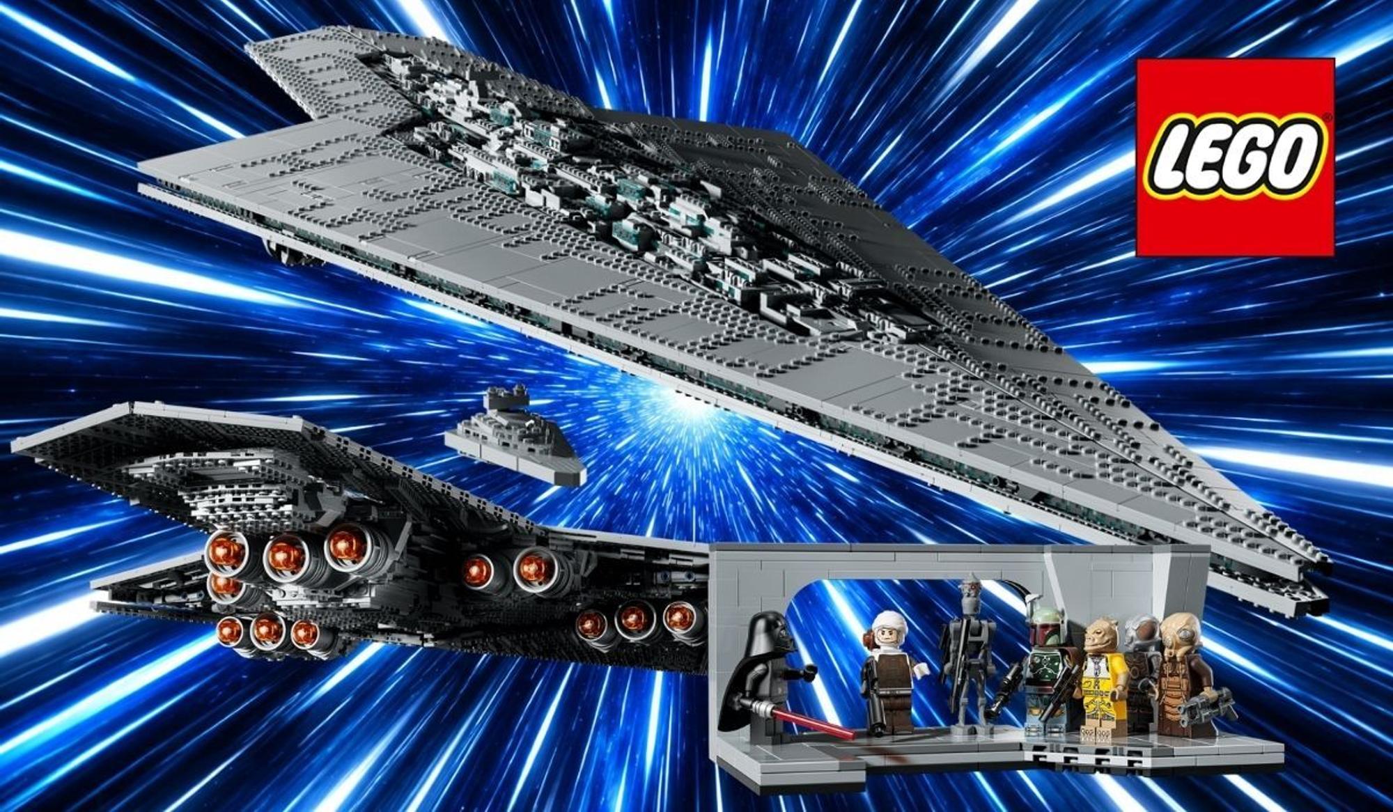 Lego Star Wars Supersternzerstörer Executor (75457) vor blauem Hyperraum-Hintergrund, daneben ein kleiner Sternzerstörer und eine Brückenszene mit Darth Vader und Kopfgeldjägern als Minifiguren.
