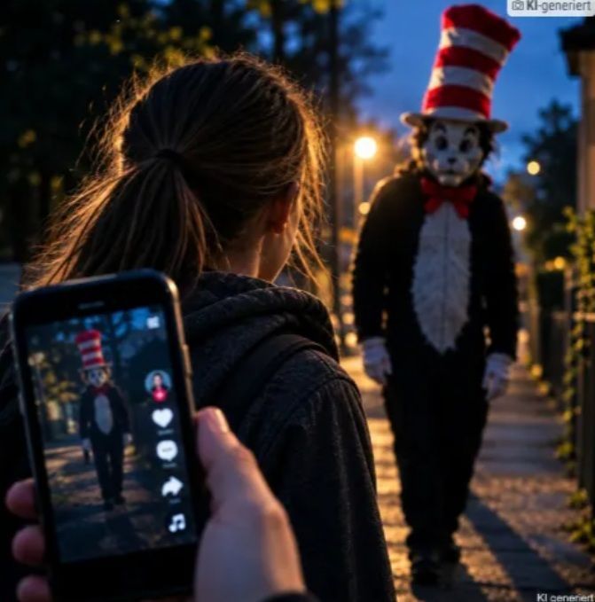 Eine Person in einem Katzenkostüm und mit einem rot-weiß-gestreiften Hut geht auf ein Mädchen zu, eine andere Person, von der man nur einen Finger sieht, filmt die Szene mit dem Handy.