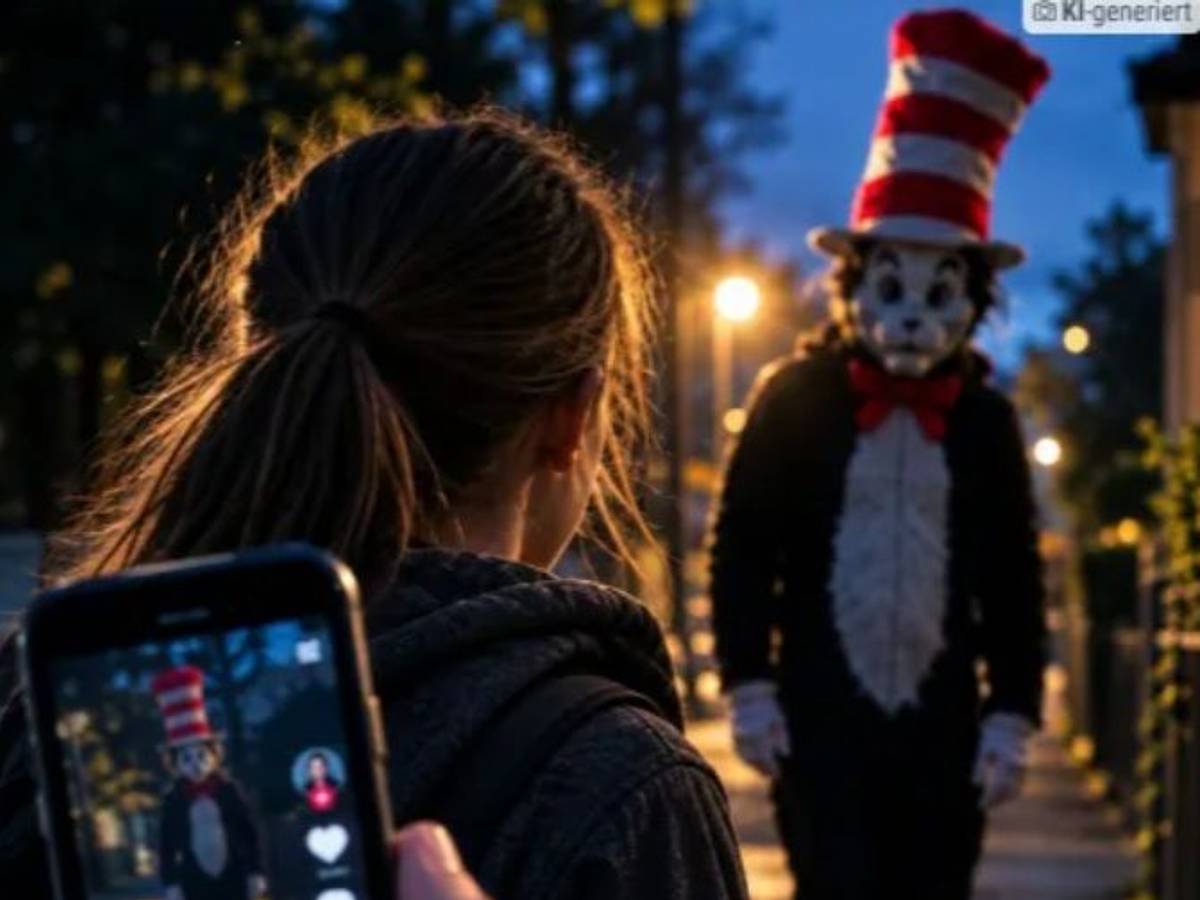 Eine Person in einem Katzenkostüm und mit einem rot-weiß-gestreiften Hut geht auf ein Mädchen zu, eine andere Person, von der man nur einen Finger sieht, filmt die Szene mit dem Handy.