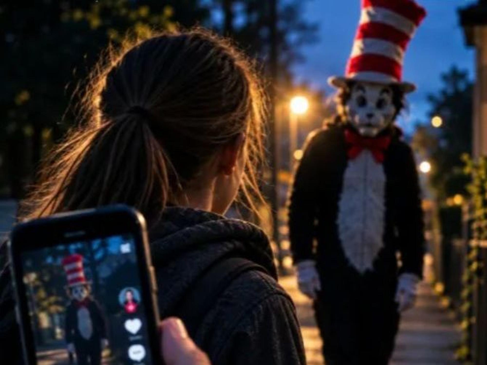 Eine Person in einem Katzenkostüm und mit einem rot-weiß-gestreiften Hut geht auf ein Mädchen zu, eine andere Person, von der man nur einen Finger sieht, filmt die Szene mit dem Handy.