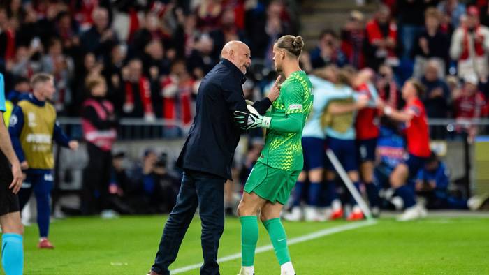 Stale Solbakken sagt Orjan Nyland etwas an der Seitenlinie.