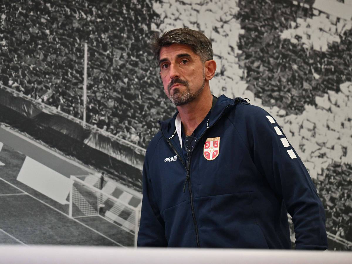 Veljko Paunović vor einer Wand, auf der eine Tribüne zu sehen ist.