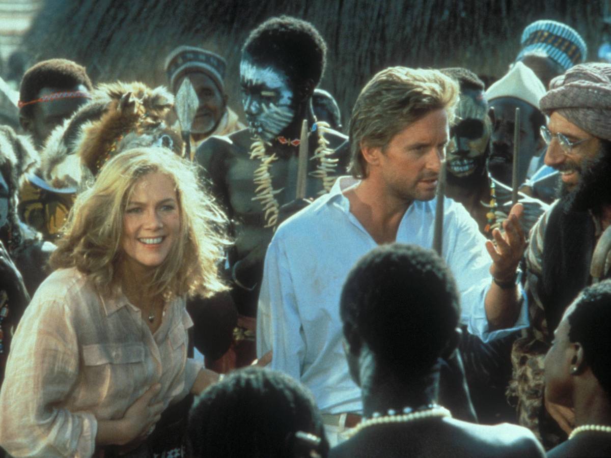 Kathleen Turner und Michael Douglas in „Auf der Jagd nach dem Juwel vom Nil“.