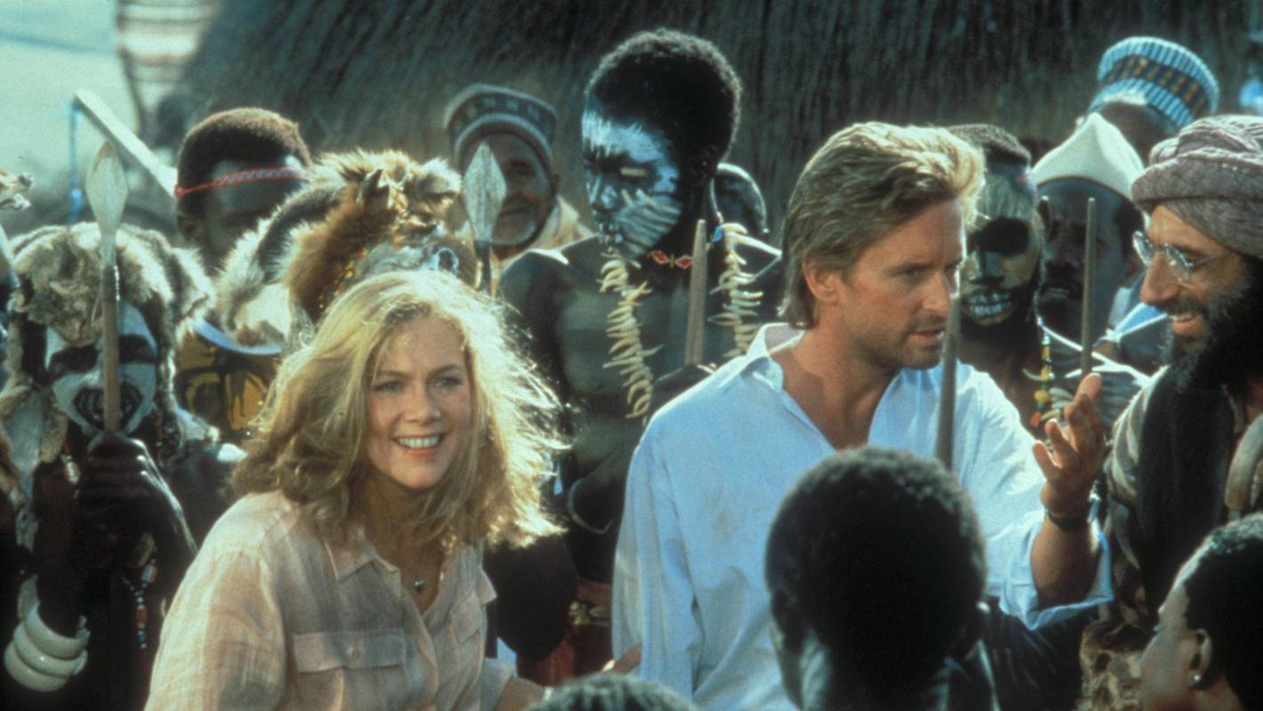 Kathleen Turner und Michael Douglas in „Auf der Jagd nach dem Juwel vom Nil“.