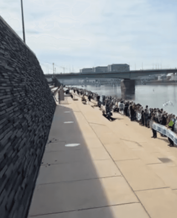 Blick auf die Menschenkette am Rhein.