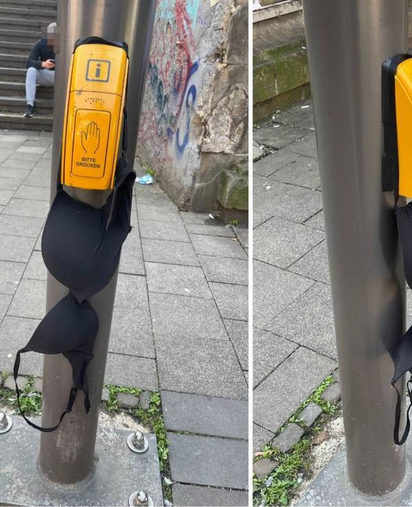 Ein BH hängt an einem KVB-Infomast auf der Zülpicher Straße.