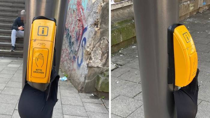 Ein BH hängt an einem KVB-Infomast auf der Zülpicher Straße.