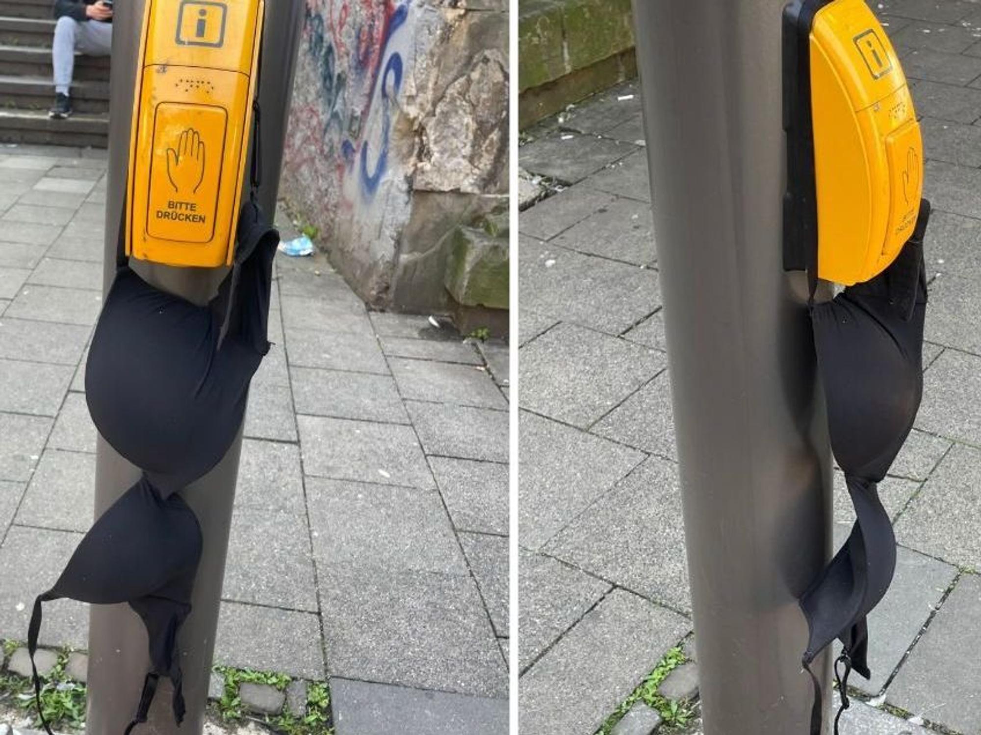 Ein BH hängt an einem KVB-Infomast auf der Zülpicher Straße.
