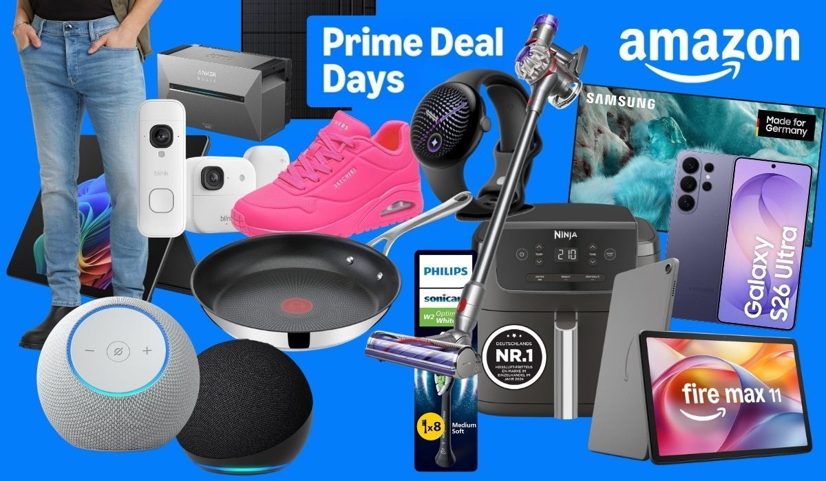 Collage mit Produkten der Amazon Prime Deal Days auf blauem Hintergrund: Blink-Überwachungskameras, Echo-Lautsprecher, Fire-Max-11-Tablet, Samsung-Fernseher und Galaxy S26 Ultra, Ninja-Heißluftfritteuse, Akku-Staubsauger, Tefal-Pfanne, Philips-Sonicare-Aufsteckbürsten, Smartwatch, pinkfarbener Skechers-Sneaker, Jeans und ein Anker-Solix-Solarprodukt, dazu die Logos von Amazon und Prime Deal Days.