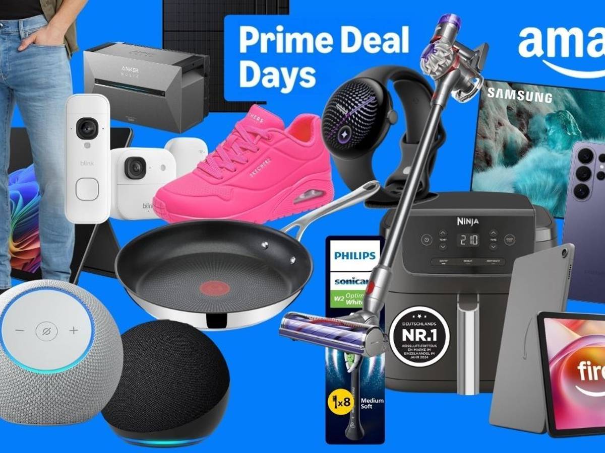 Collage mit Produkten der Amazon Prime Deal Days auf blauem Hintergrund: Blink-Überwachungskameras, Echo-Lautsprecher, Fire-Max-11-Tablet, Samsung-Fernseher und Galaxy S26 Ultra, Ninja-Heißluftfritteuse, Akku-Staubsauger, Tefal-Pfanne, Philips-Sonicare-Aufsteckbürsten, Smartwatch, pinkfarbener Skechers-Sneaker, Jeans und ein Anker-Solix-Solarprodukt, dazu die Logos von Amazon und Prime Deal Days.