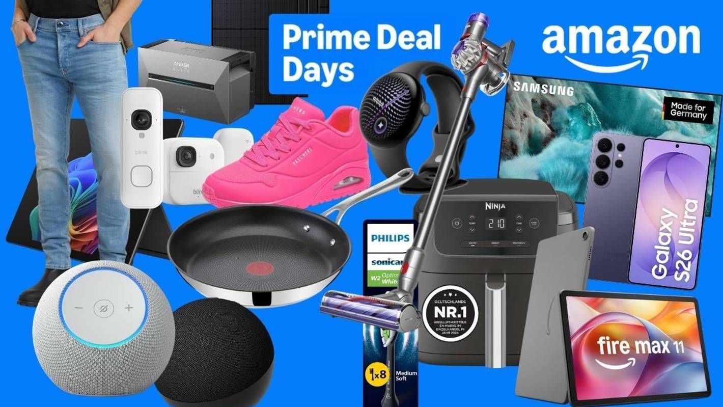 Collage mit Produkten der Amazon Prime Deal Days auf blauem Hintergrund: Blink-Überwachungskameras, Echo-Lautsprecher, Fire-Max-11-Tablet, Samsung-Fernseher und Galaxy S26 Ultra, Ninja-Heißluftfritteuse, Akku-Staubsauger, Tefal-Pfanne, Philips-Sonicare-Aufsteckbürsten, Smartwatch, pinkfarbener Skechers-Sneaker, Jeans und ein Anker-Solix-Solarprodukt, dazu die Logos von Amazon und Prime Deal Days.