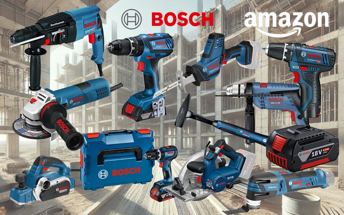 Collage verschiedener blauer Bosch Professional Werkzeuge (Bohrhammer, Schlagbohrmaschine, Akkubohrer, Winkelschleifer, 18V Akku, blauer Werkzeugkoffer) vor schwarzem Hintergrund und der rote Bosch-Schriftzug.