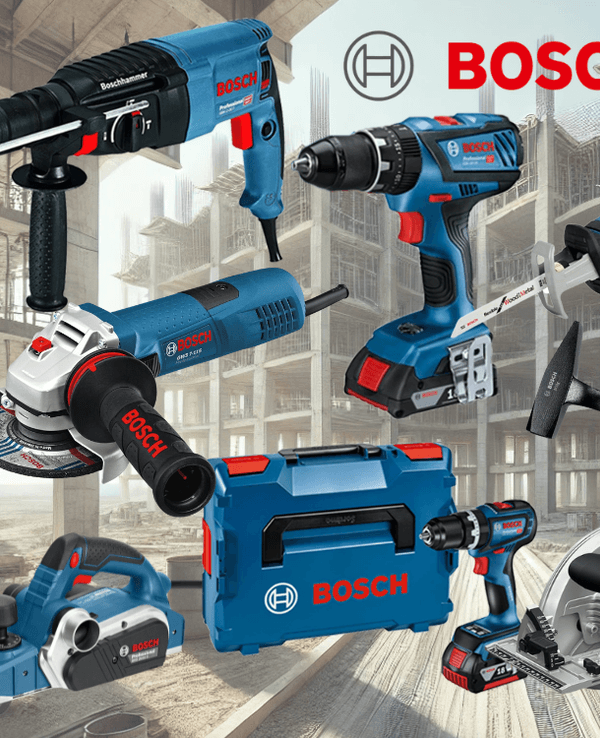 Collage verschiedener blauer Bosch Professional Werkzeuge (Bohrhammer, Schlagbohrmaschine, Akkubohrer, Winkelschleifer, 18V Akku, blauer Werkzeugkoffer) vor schwarzem Hintergrund und der rote Bosch-Schriftzug.