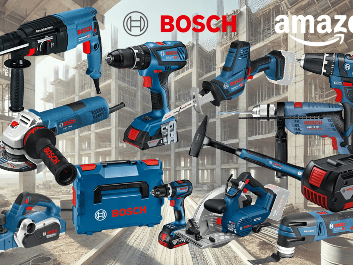 Collage verschiedener blauer Bosch Professional Werkzeuge (Bohrhammer, Schlagbohrmaschine, Akkubohrer, Winkelschleifer, 18V Akku, blauer Werkzeugkoffer) vor schwarzem Hintergrund und der rote Bosch-Schriftzug.