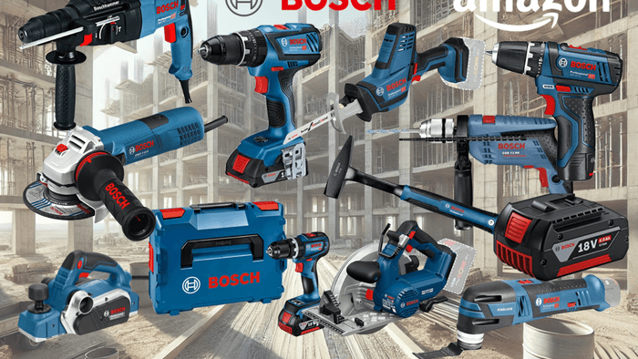Collage verschiedener blauer Bosch Professional Werkzeuge (Bohrhammer, Schlagbohrmaschine, Akkubohrer, Winkelschleifer, 18V Akku, blauer Werkzeugkoffer) vor schwarzem Hintergrund und der rote Bosch-Schriftzug.