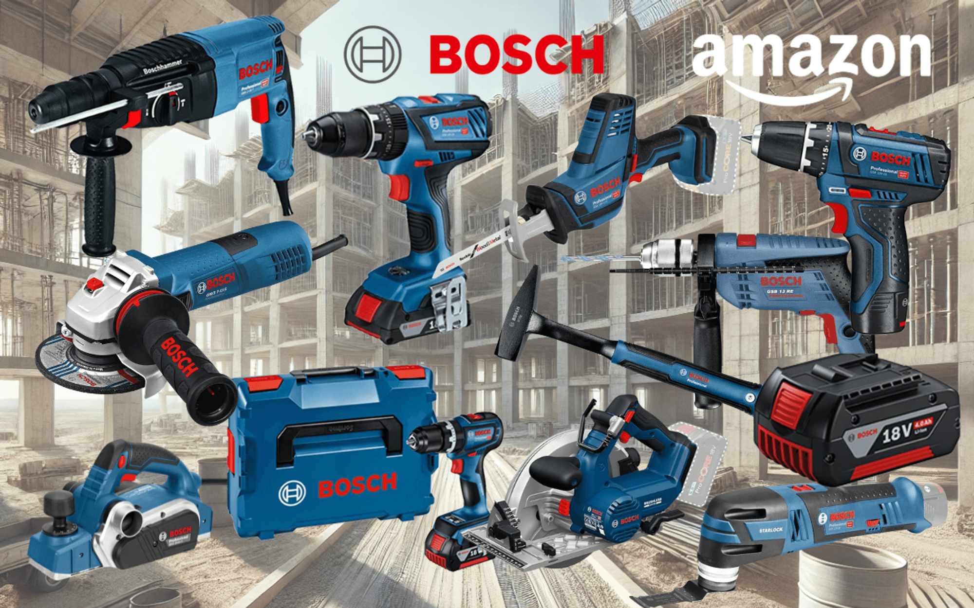 Collage verschiedener blauer Bosch Professional Werkzeuge (Bohrhammer, Schlagbohrmaschine, Akkubohrer, Winkelschleifer, 18V Akku, blauer Werkzeugkoffer) vor schwarzem Hintergrund und der rote Bosch-Schriftzug.