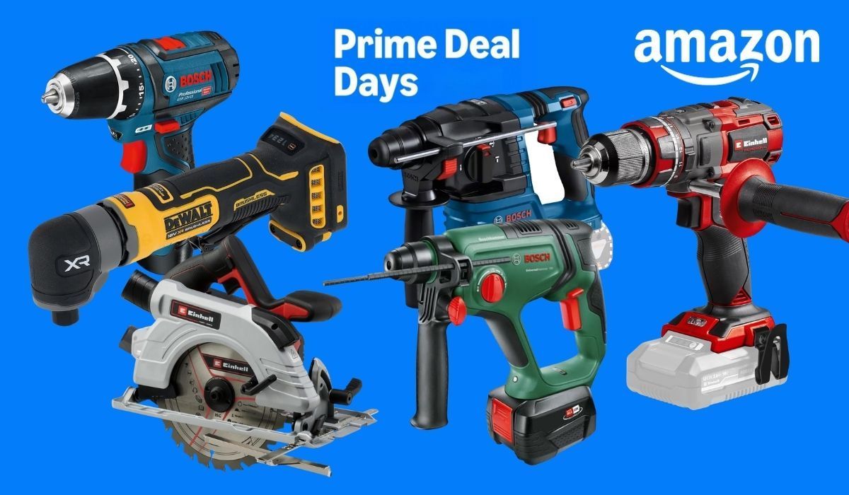 Werkzeug von verschiedenen Marken wir Bosch Home and Garden, Bosch Professional, Einhell, DeWalt vor einem blauen Hintergrund mit Prime Deal Days Logo von Amazon.