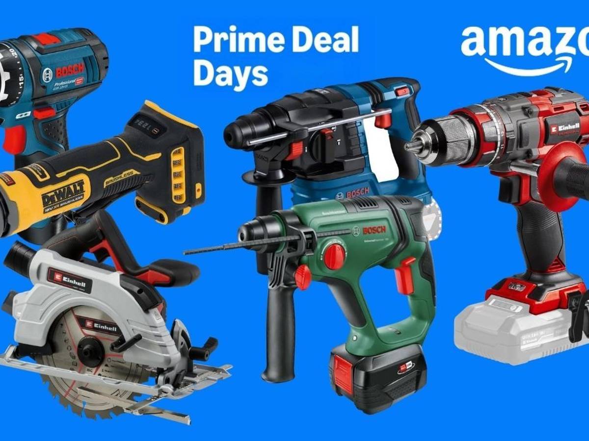 Werkzeug von verschiedenen Marken wir Bosch Home and Garden, Bosch Professional, Einhell, DeWalt vor einem blauen Hintergrund mit Prime Deal Days Logo von Amazon.
