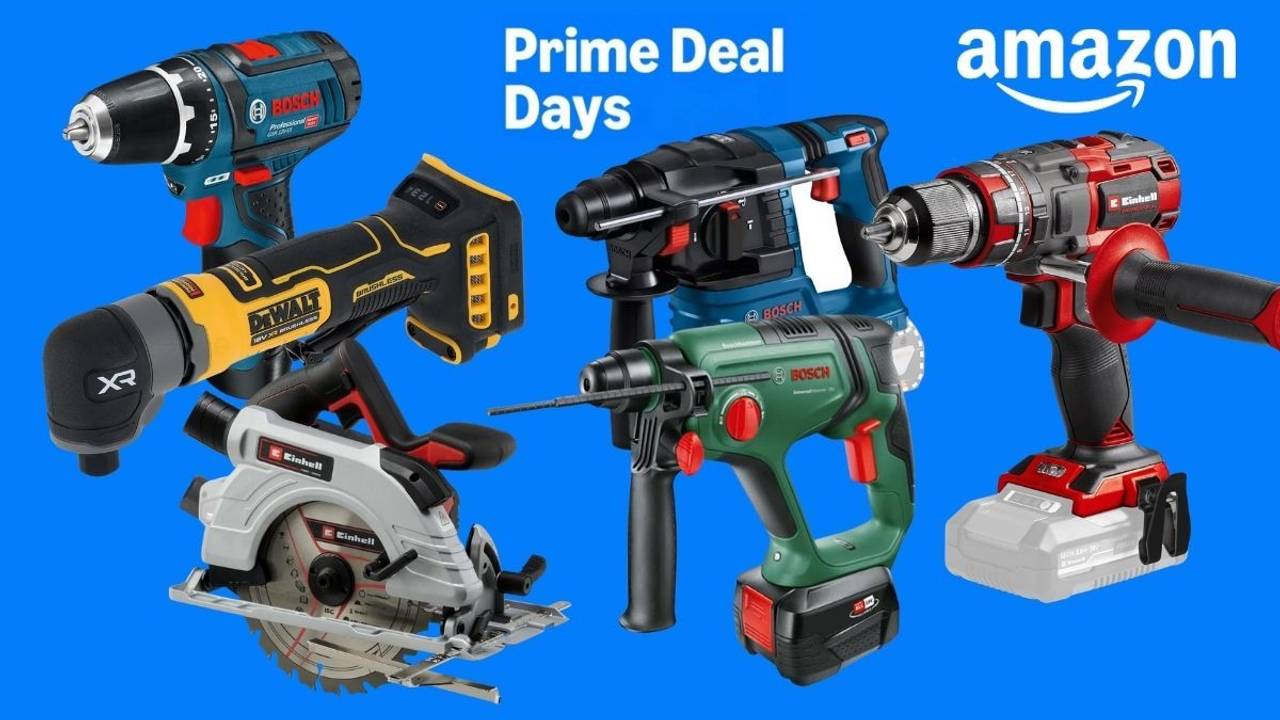Werkzeug von verschiedenen Marken wir Bosch Home and Garden, Bosch Professional, Einhell, DeWalt vor einem blauen Hintergrund mit Prime Deal Days Logo von Amazon.