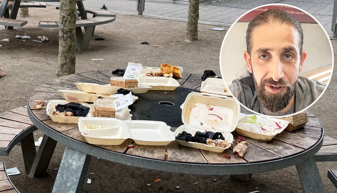 Müll vom „Nhas City Chicken“ auf dem Maus-Platz beim WDR. Omar Nhas entschuldigt sich.