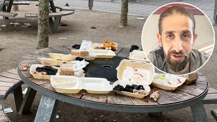 Müll vom „Nhas City Chicken“ auf dem Maus-Platz beim WDR. Omar Nhas entschuldigt sich.