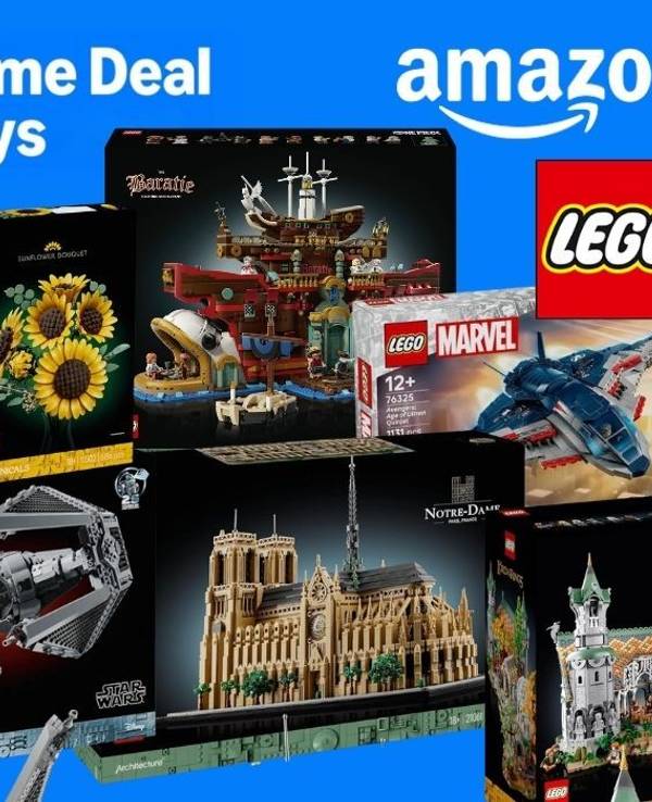 Prime Deal Days Logo vor vielen Produktkartons von Lego Sets aus den unterschiedlichsten Themenwelten wie Star Wars, City, Marvel, Herr der Ringe, Batman, Architecture und mehr.