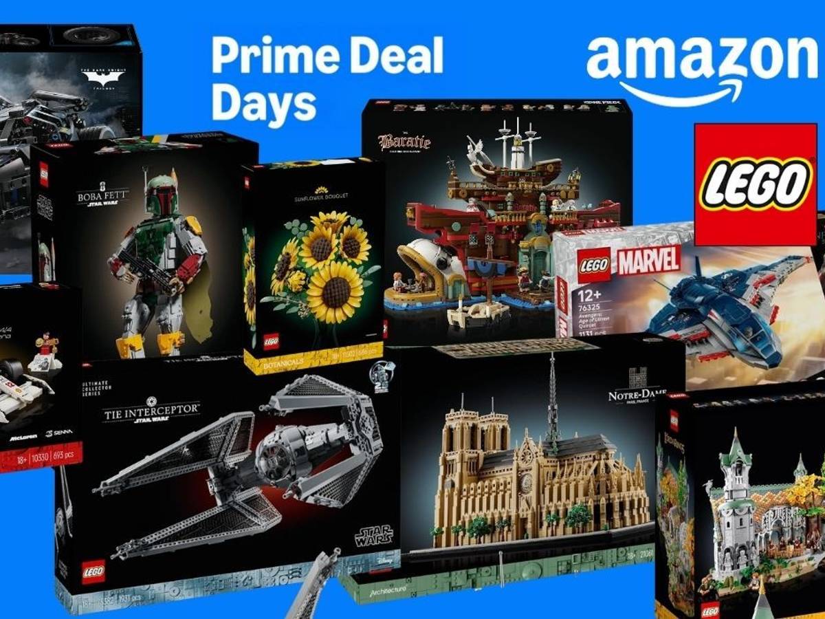 Prime Deal Days Logo vor vielen Produktkartons von Lego Sets aus den unterschiedlichsten Themenwelten wie Star Wars, City, Marvel, Herr der Ringe, Batman, Architecture und mehr.