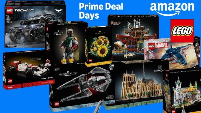 Prime Deal Days Logo vor vielen Produktkartons von Lego Sets aus den unterschiedlichsten Themenwelten wie Star Wars, City, Marvel, Herr der Ringe, Batman, Architecture und mehr.