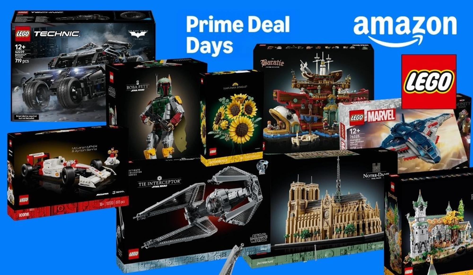 Prime Deal Days Logo vor vielen Produktkartons von Lego Sets aus den unterschiedlichsten Themenwelten wie Star Wars, City, Marvel, Herr der Ringe, Batman, Architecture und mehr.