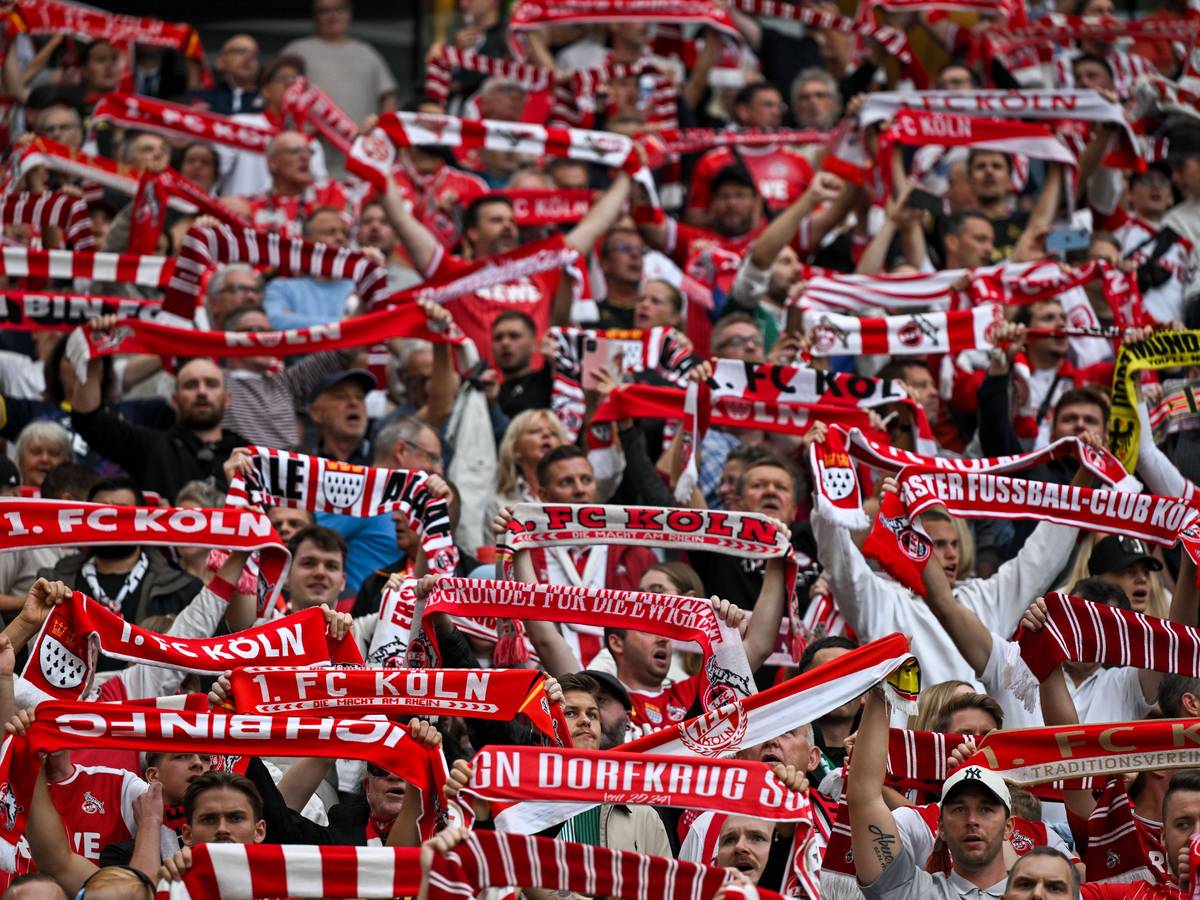 1. FC Köln Fans halten ihre Schals hoch.