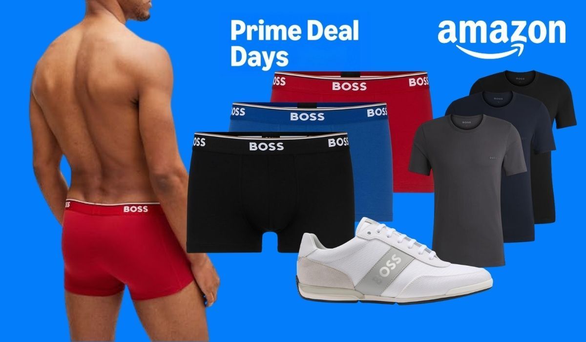 Ein Mann trägt rote BOSS-Boxershorts; daneben sind Boxershorts in Schwarz, Blau und Rot, mehrere T-Shirts und ein weißer Sneaker vor blauem Hintergrund zu sehen. Die Grafik zeigt außerdem den Prime-Deal-Days- und den Amazon-Schriftzug.