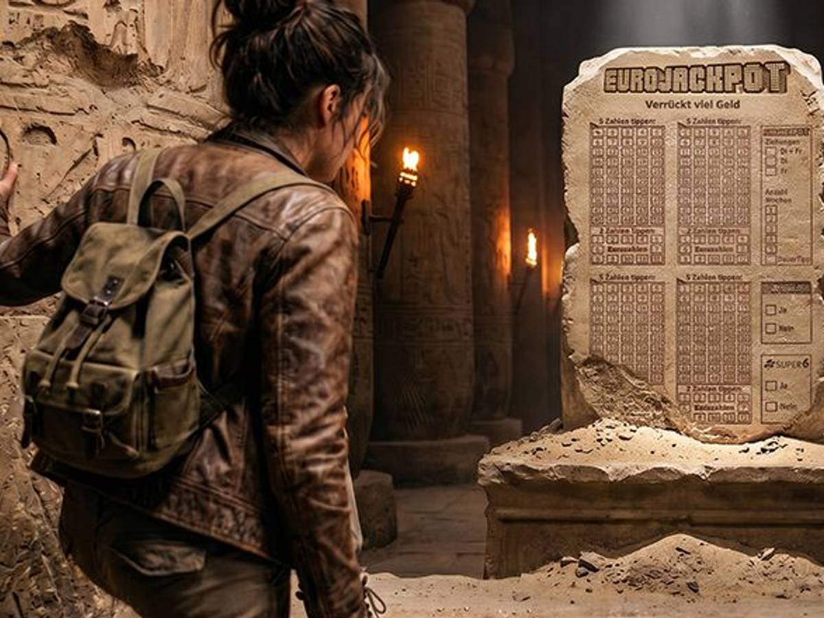 Schatzsucherin mit Rucksack und Fackeln in einer Grabkammer vor einem steinernen Eurojackpot-Spielschein mit dem Schriftzug „Verrückt viel Geld“.