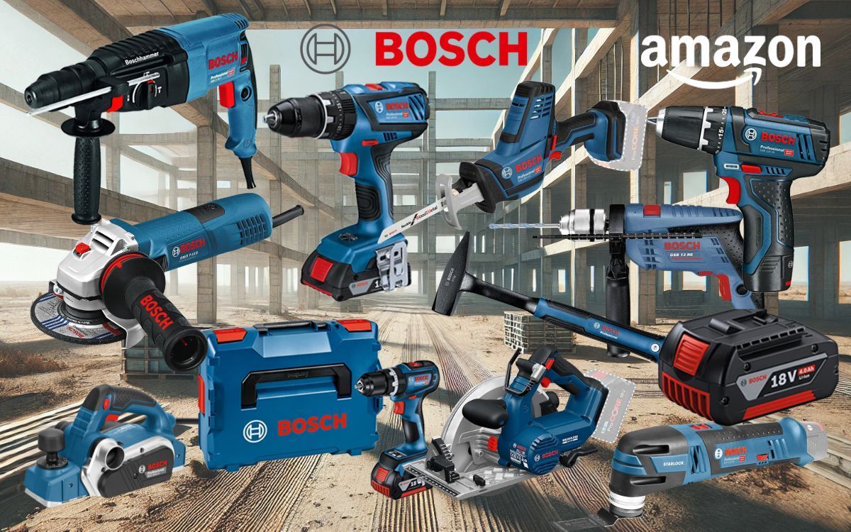 Collage verschiedener blauer Bosch Professional Werkzeuge (Bohrhammer, Schlagbohrmaschine, Akkubohrer, Winkelschleifer, 18V Akku, blauer Werkzeugkoffer) vor Hintergrund einer Baustelle mit Betonpfeilern.