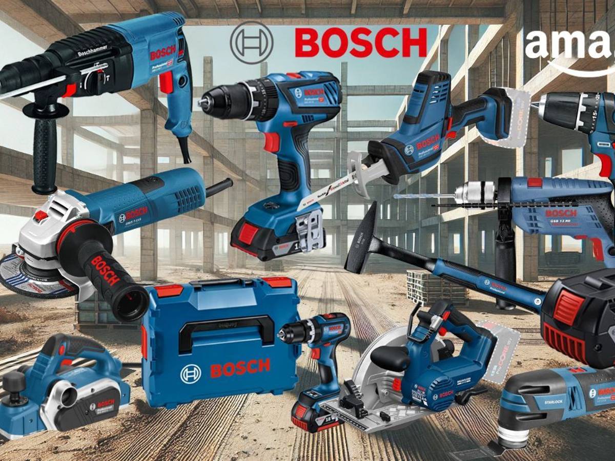 Collage verschiedener blauer Bosch Professional Werkzeuge (Bohrhammer, Schlagbohrmaschine, Akkubohrer, Winkelschleifer, 18V Akku, blauer Werkzeugkoffer) vor Hintergrund einer Baustelle mit Betonpfeilern.