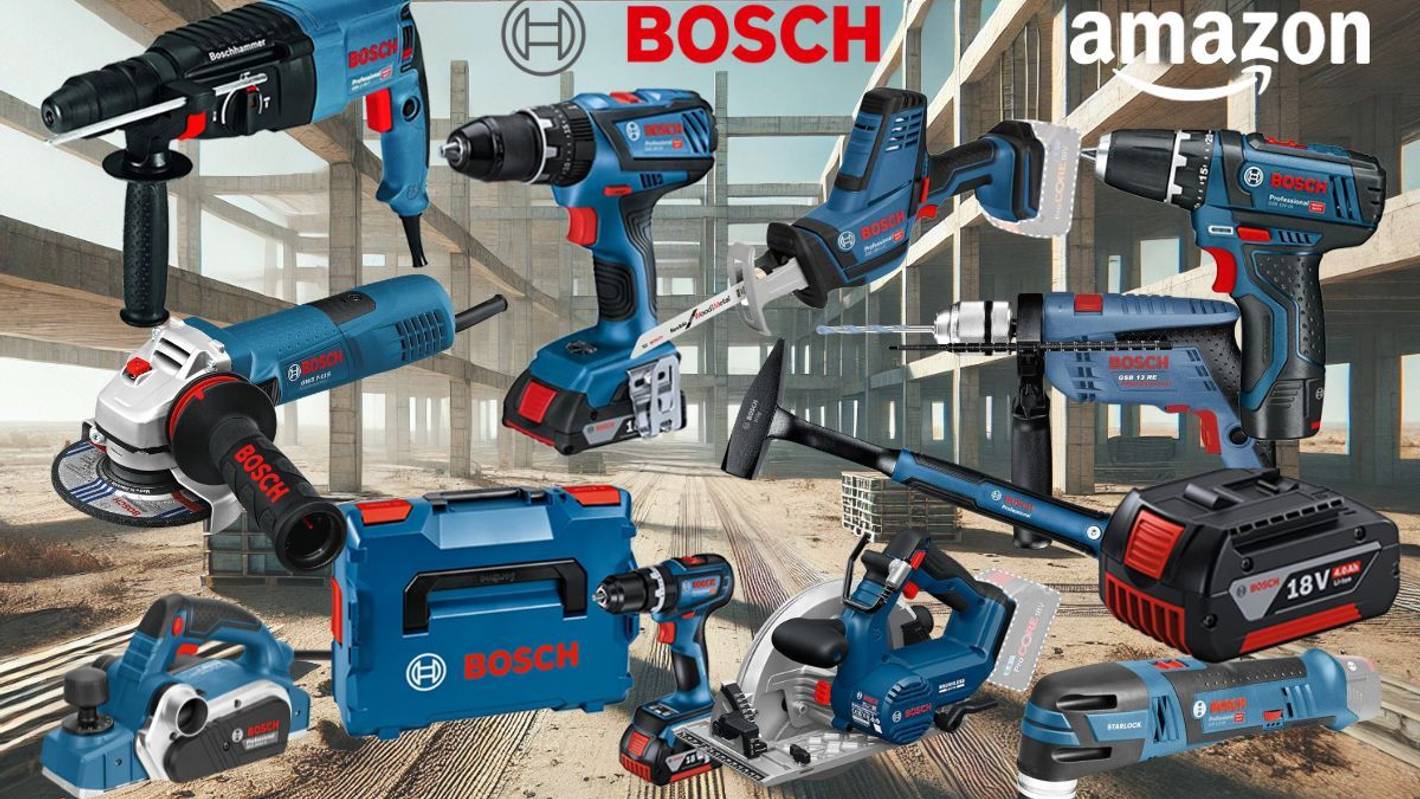 Collage verschiedener blauer Bosch Professional Werkzeuge (Bohrhammer, Schlagbohrmaschine, Akkubohrer, Winkelschleifer, 18V Akku, blauer Werkzeugkoffer) vor Hintergrund einer Baustelle mit Betonpfeilern.