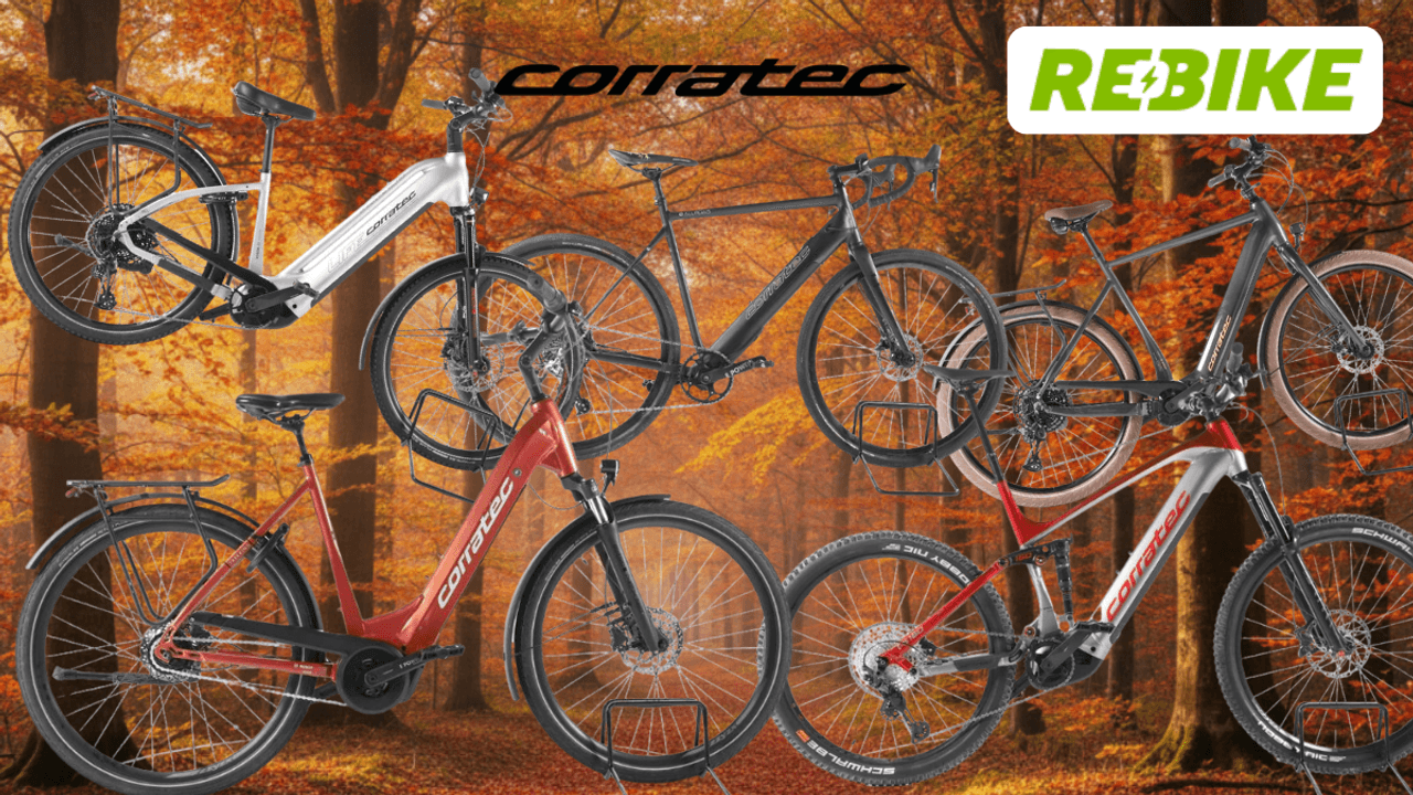 Mehrere Corratec E‑Bikes unterschiedlicher Typen – darunter Trekking-, City- und Mountainbikes – vor einer Landstraße an einem sonnigen Tag in Natur.