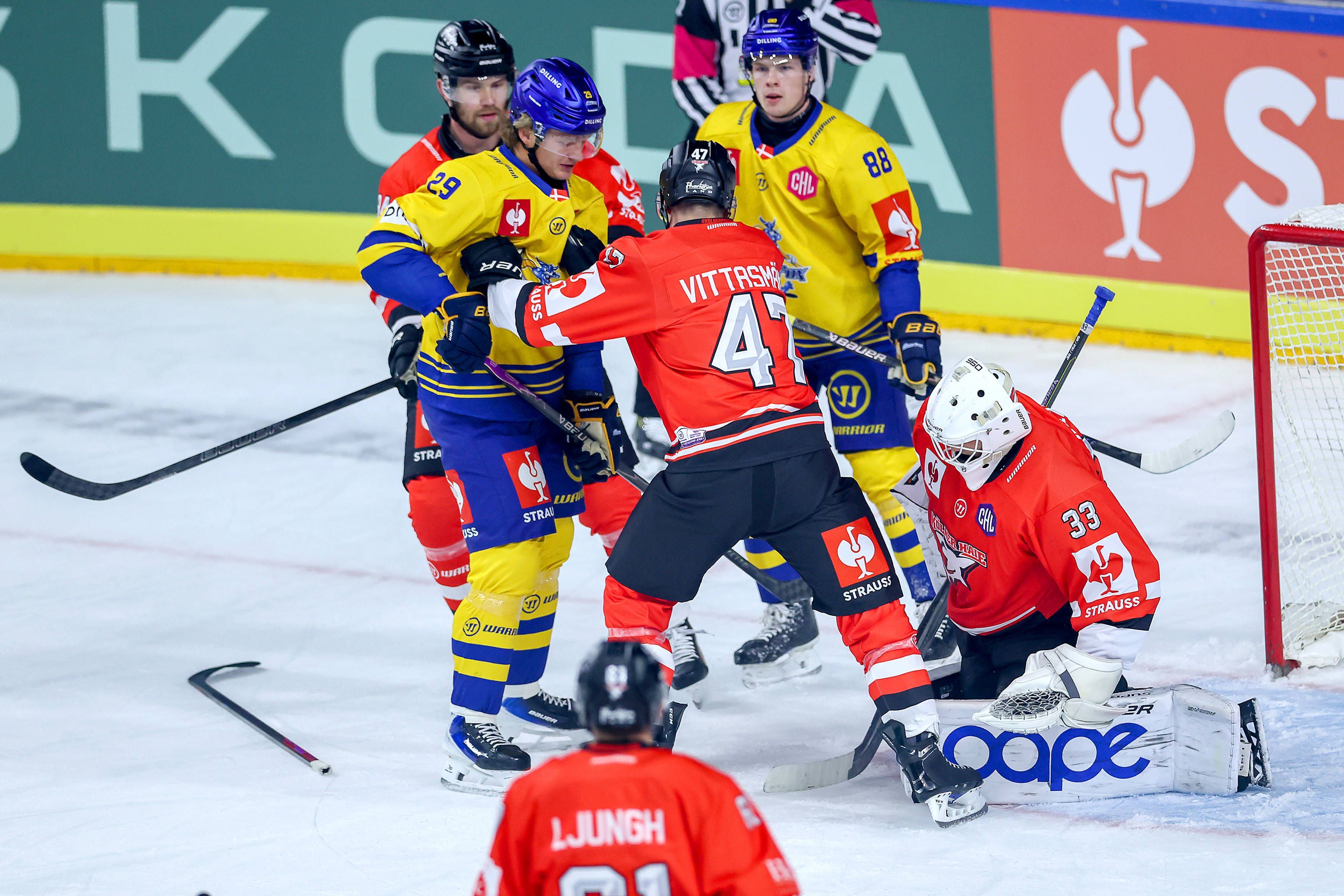 Haie-Verteidiger Veli-Matti Vittasmäki sichert den Kölner Kasten gegen Lukas Bang.