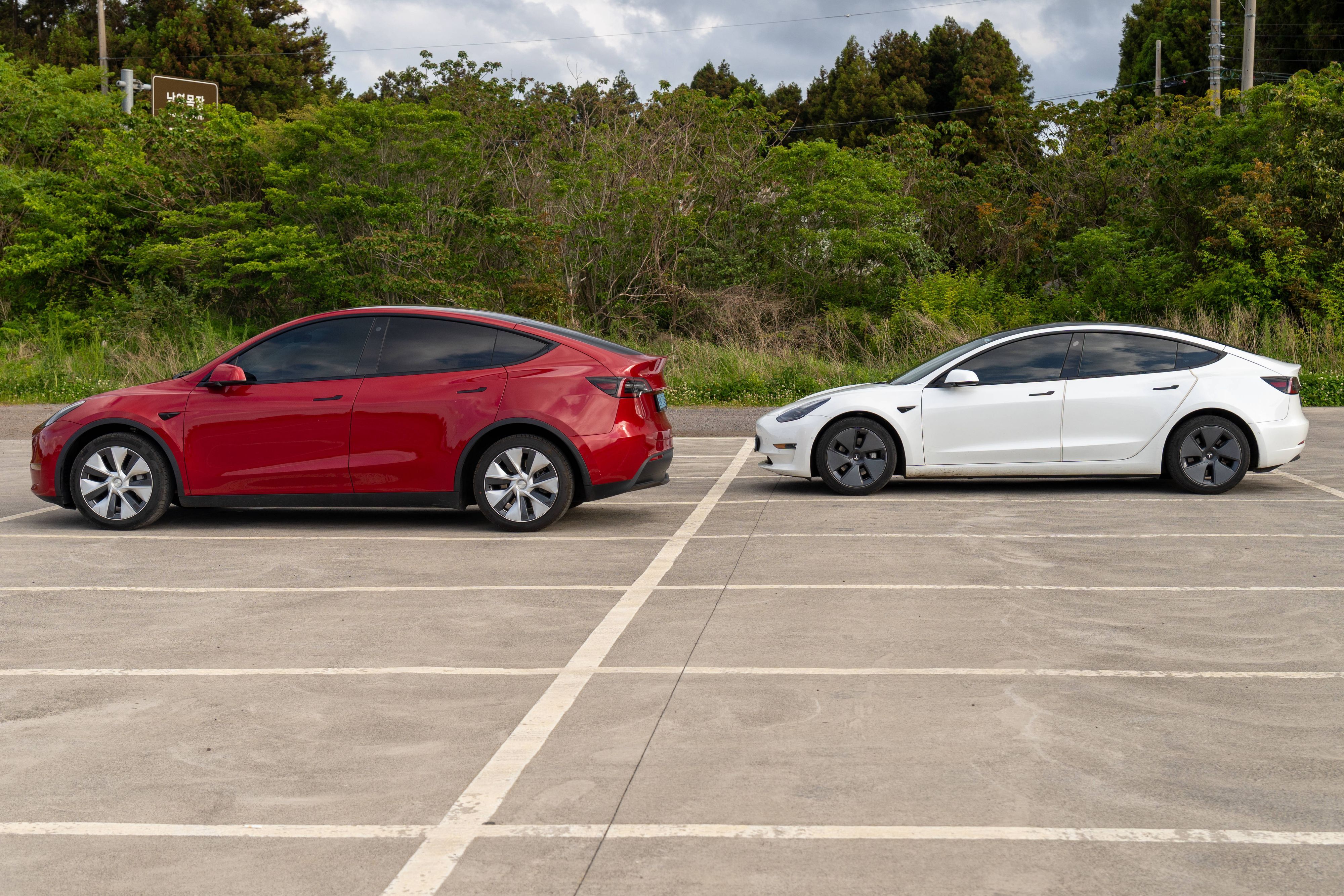 Tesla Model Y und Tesla Model 3 auf einem Parkplatz.